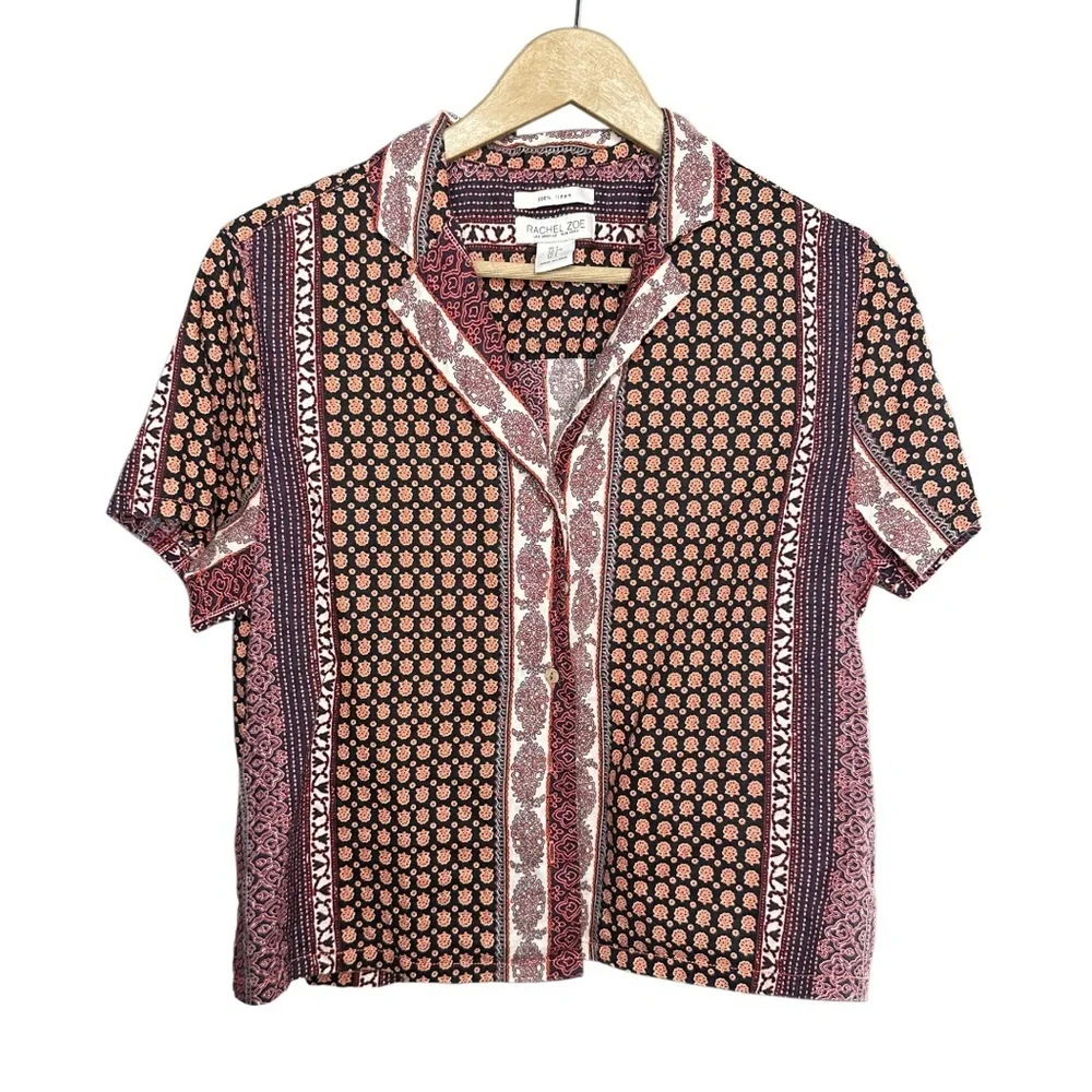 Rachel Zoe | 100% Linen Boho Patchwork Button Down Blouse Top | Size S